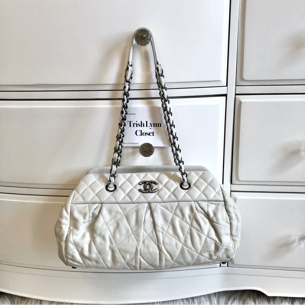 CHANEL Quilted White Leather Bowler Bag